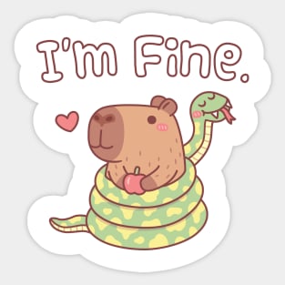 Funny I'm Fine, Snake Wrapped Around Capybara Sticker